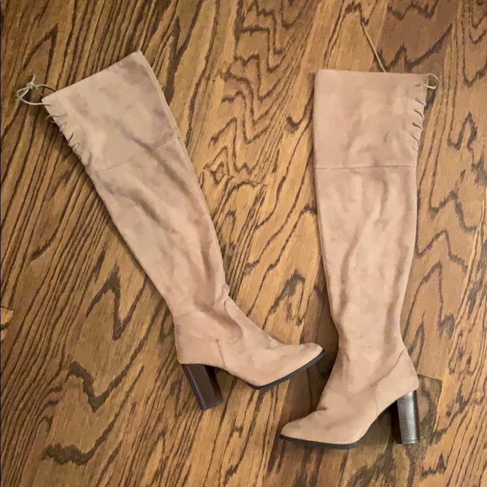 Beige Suede Over the Knee Boots